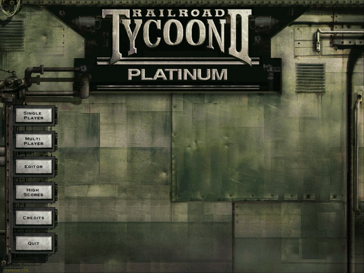 The Railroad Tycoon II Platinum title screen running under Wine on Linux: the game logo in worn silver lettering over a riveted green metal wall, with menu buttons down the left side for Single Player, Multi Player, Editor, High Scores, Credits and Quit, and &ldquo;Version 1.56&rdquo; in the bottom corner